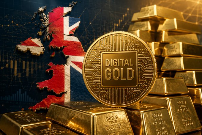 A graphic illustrating digital gold investment, featuring a golden 'DIGITAL GOLD' coin with a Bitcoin-like chip design, stacked gold bars, and a map of the United Kingdom overlaid with the Union Jack flag.