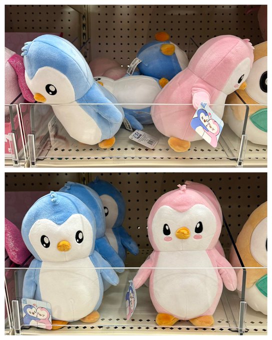 Two photos of a clear acrylic bin on a pegboard shelf displaying a blue and pink plush penguin duo (Pax & Polly), with colorful hangtags attached, positioned among other plush toys at Target.