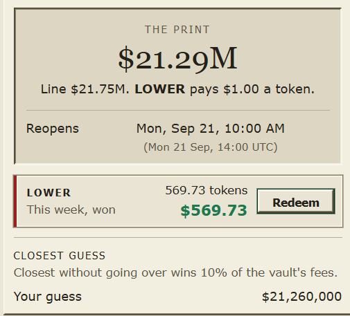 The image shows a winning $569.73 payout from a "LOWER" prediction on NetNet, where the user correctly guessed the "Print" would fall below the $21.75M line (actual print was $21.29M). The user's guess of $21,260,000 was the closest without going over, earning 569.73 LOWER tokens as a reward for this week's winning bet.