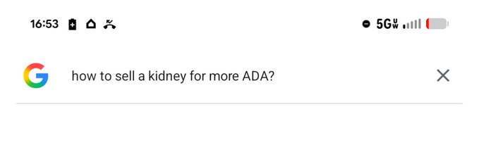 The image shows a message posted on a social media platform, asking if anyone has a spare kidney they could lend out. The post includes an image of a phone number and a question about selling a kidney for more ADA (Adequate Living Allowance).