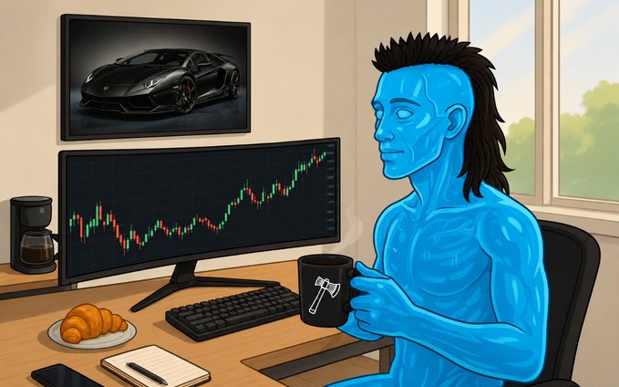 An illustration of a blue-skinned humanoid figure with a mullet holding a black mug, sitting at a desk with two monitors showing a sports car and a green stock chart, alongside a croissant and coffee.