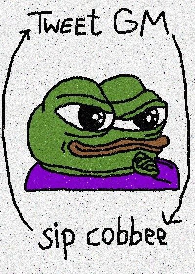 A cartoon illustration of a green frog (resembling Pepe) with large eyes sitting at a desk, surrounded by arrows with the text 'Tweet GM' at the top and 'sip cobbee' at the bottom.