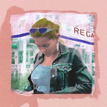 A stylized photograph with a pink watercolor border showing a young woman wearing sunglasses on her head and a denim jacket, looking down at something in her hands.