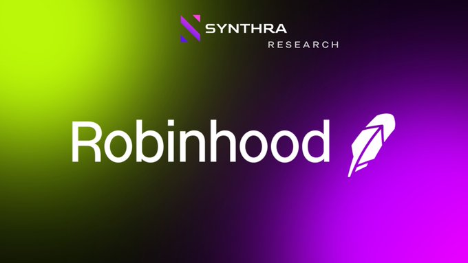A graphic with a green-to-purple gradient background displaying the 'SYNTHRA RESEARCH' logo at the top and the 'Robinhood' brand name with its feather logo in the center.