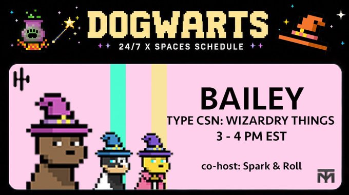Pixel art graphic titled 'DOGWARTS 24/7 X SPACES SCHEDULE' featuring characters in wizard hats, advertising 'BAILEY' for 'TYPE CSN: WIZARDRY THINGS 3-4 PM EST' with co-hosts Spark & Roll.