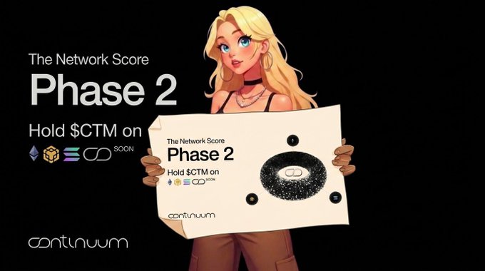 A promotional graphic for 'The Network Score Phase 2' by continuum. It features an animated blonde woman holding a sign and text saying 'Hold $CTM on' alongside logos for Ethereum, BNB, Solana, and SUI.