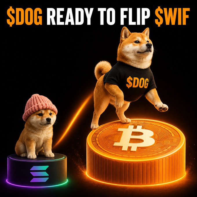 A promotional graphic reading '$DOG READY TO FLIP $WIF' shows two Shiba Inu dogs; one wears a '$DOG' shirt and stands on a glowing Bitcoin coin, while the other wears a pink beanie and sits on a Solana (SOL) coin.