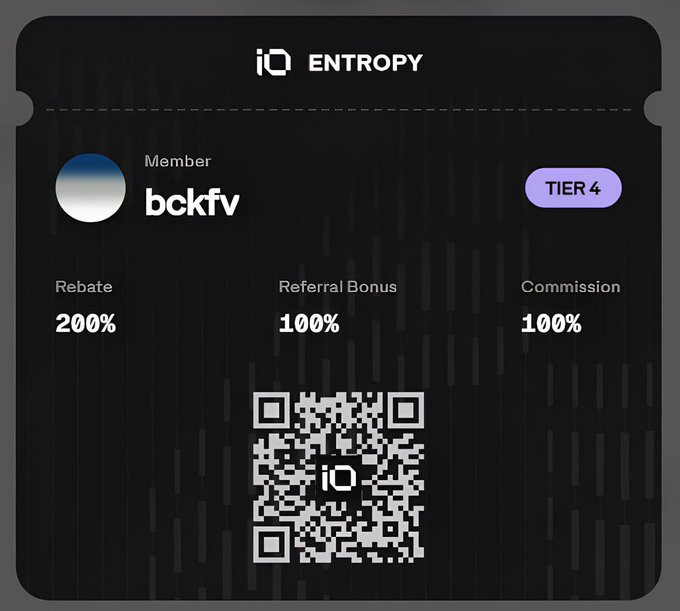 A dark-themed digital member card for 'Entropy' showing username 'bckfv', Tier 4 status, 200% rebate, 100% referral bonus, 100% commission, and a QR code.