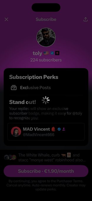 A Twitter/X subscription page for "toly" showing 224 subscribers, with a monthly subscribe button priced at €1.90/month, and a reply preview from "MAD Vincent" (@MadVincent666) visible in the perks section. The image humorously references the post's claim that subscribing to Toly (Solana co-founder Anatoly Yakovenko) protects $SOL longs from liquidation.