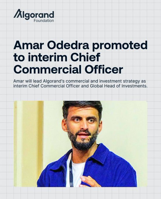 Algorand Foundation announcement stating 'Amar Odedra promoted to interim Chief Commercial Officer' with a photo of a man in a blue jacket.