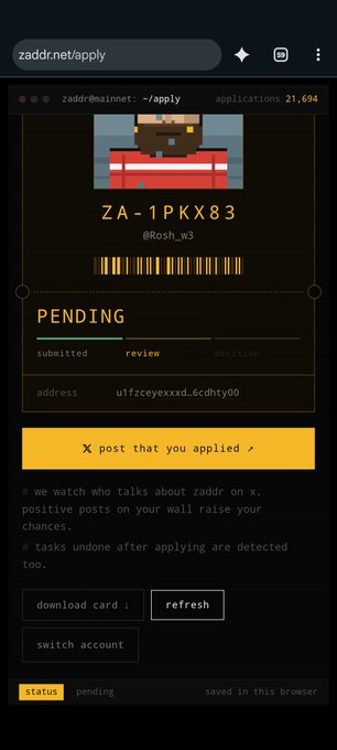 A mobile browser screenshot of zaddr.net/apply showing a pending application with the code ZA-1PKX83 for user @Rosh_w3, displayed in a retro pixel-art style interface.
