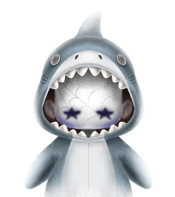 A cartoon shark figure with a wide-open mouth revealing star-shaped markings on its tongue and belly, styled in a playful, chibi-like aesthetic. The image fits the Robinhood Chain NFT context as a Sharky-themed outfit, showcasing the character in a minimalist white background typical of NFT profile art.