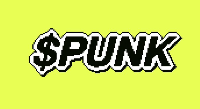 The image displays the bold pixelated logo "$PUNK" in black with a white outline against a bright yellow background, promoting the launch of the $PUNK token on Robinhood's launchpad as mentioned in the post.