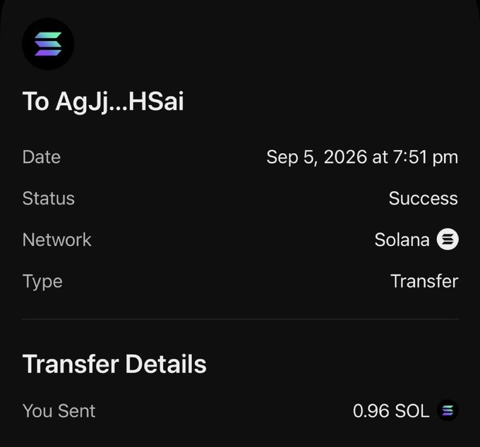 A digital transaction screen showing a successful transfer of "0.96 SOL" on the Solana network to address "AgJj...HSai" dated Sep 5, 2026.