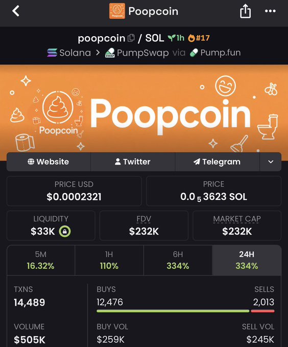 The image shows an open tab of a cell phone screen with information about a cryptocurrency called "Poopcoin", including its description, market cap, and other details related to the exchange. In the top left corner, there's a logo for "solana x poopcoins". The rest of the screen displays various data points about the cryptocurrency. This is most likely an advertisement or informational post about the coin, with its features being highlighted in the image.