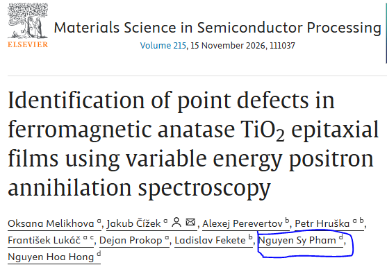 An Elsevier journal article header from 'Materials Science in Semiconductor Processing' (Volume 215, November 2026) titled 'Identification of point defects in ferromagnetic anatase TiO2 epitaxial films using variable energy positron annihilation spectroscopy', with the author name 'Nguyen Sy Pham' circled in blue.