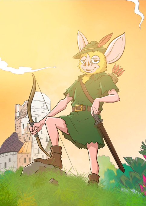 An anthropomorphic archer character, dressed in green forest garb and holding a bow and quiver of arrows, stands confidently atop a hill with a castle in the background, evoking the adventurous spirit of a "journey continuing." The warm sunset sky and lush greenery enhance the sense of an ongoing quest.