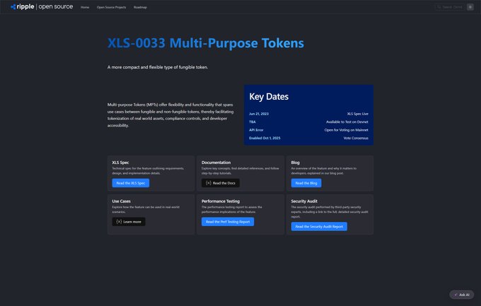 The image shows the official XLS-0033 Multi-Purpose Tokens page on the XRPL open source documentation site, noting that the spec was "Enabled Oct 1, 2025" and went live on mainnet that same day, confirming the launch of XRPL's native, institutional-grade token standard.