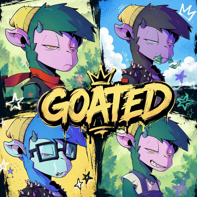 Vibrant digital artwork featuring four purple-skinned, horned goat-like characters with varied expressions around bold graffiti-style text reading "GOATED," tied to the "#goatsofsolana" and "#solana" tags as stylized mascot art for the Solana crypto community.
