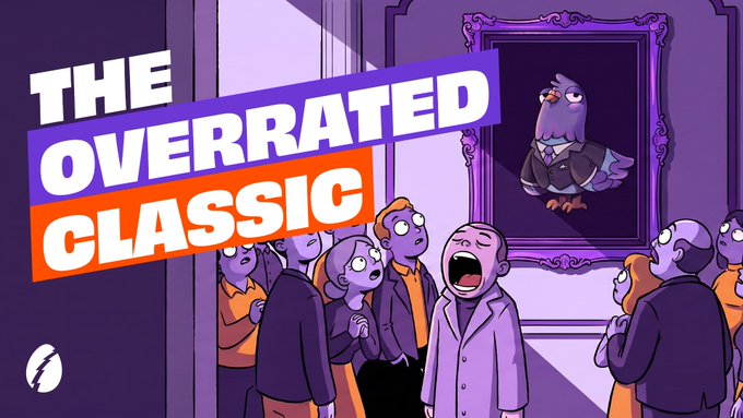 A cartoon illustration shows a crowd in a museum gasping in awe at a framed portrait of an unimpressed pigeon dressed in a suit, with the bold text "THE OVERRATED CLASSIC" overlaid on the image—perfectly capturing the campaign's challenge to call out beloved classics as overrated.