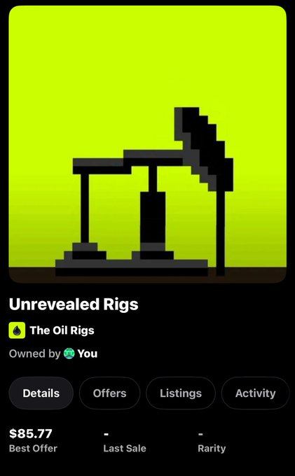 A pixel art item listing for "Unrevealed Rigs" featuring "The Oil Rigs" NFT, owned by You with a best offer of $85.77. The post's joke about "crude oil or groundnut oil" plays on the mining-themed "Rigs" title, adding humor to the mystery of what the unrevealed rig actually represents.