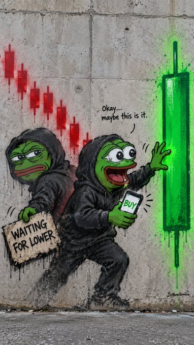 A street art mural by 'DolphinSnitch' depicting two Pepe the Frog characters in black hoodies; one looks dejectedly at a red candlestick chart holding a 'WAITING FOR LOWER' sign, while the other excitedly presses a 'BUY' button as a green candlestick rises.