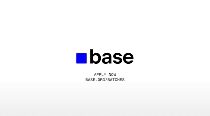 A minimalist white background displaying the blue and black 'base' logo with text below reading 'APPLY NOW' and 'BASE.ORG/BATCHES'.