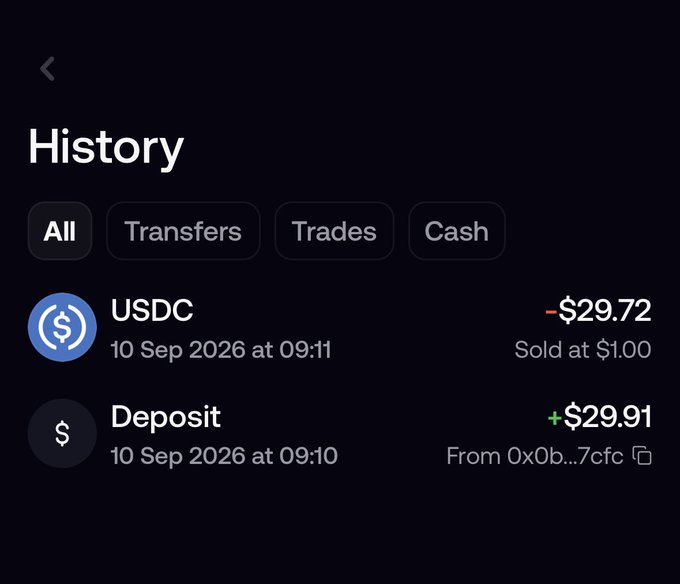 A crypto transaction history screen showing a $29.91 USDC deposit followed by an immediate $29.72 sell at $1.00, made on September 10, 2026. The image illustrates the poster's first deposit on Fomo, where they quickly sold off the stablecoin rather than making a profitable trade.