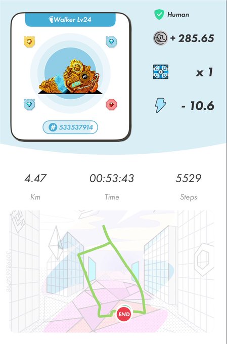 A fitness app screen for a "Walker Lv.24" featuring a cartoon lion avatar, showing 4.47 km in 00:53:43 with 5,529 steps, earning +285.65 coins and spending -10.6 energy, with a route map below.
