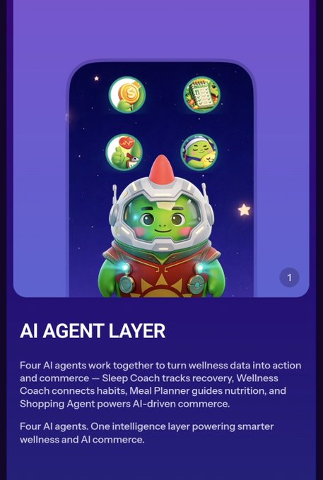 A mobile screen with a purple background highlights an 'AI AGENT LAYER' featuring a green alien character in a space suit and four smaller floating icons (a coin, clipboard, heart, and smiley face). The text below explains that four AI agents turn wellness data into action and commerce.