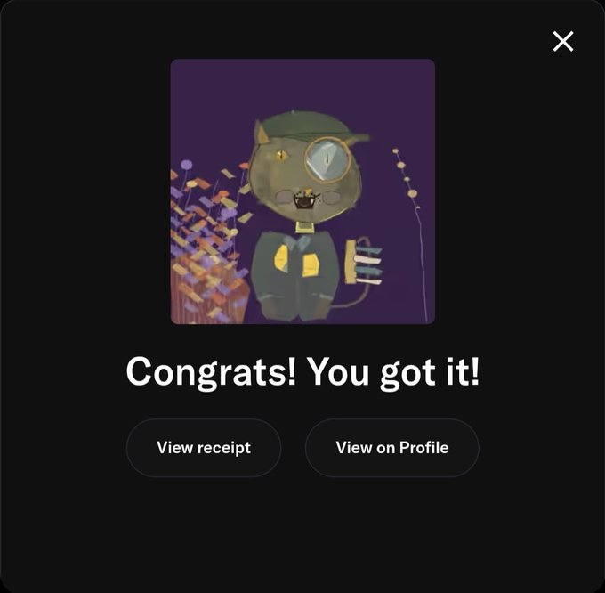 A digital purchase confirmation screen displaying an illustrated character with the text 'Congrats! You got it!' and buttons for 'View receipt' and 'View on Profile'.