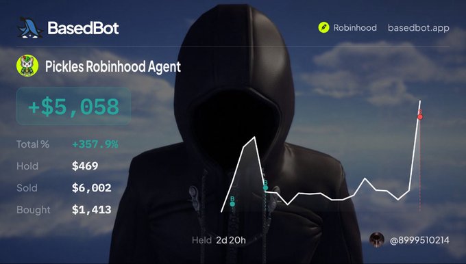 A BasedBot promotional graphic featuring a hooded figure with a performance chart showing +$5,058 (+357.9%) gains for the 'Pickles Robinhood Agent' trading bot, with stats showing $469 held, $6,002 sold, and $1,413 bought, held for 2d20h, associated with @8999510214.