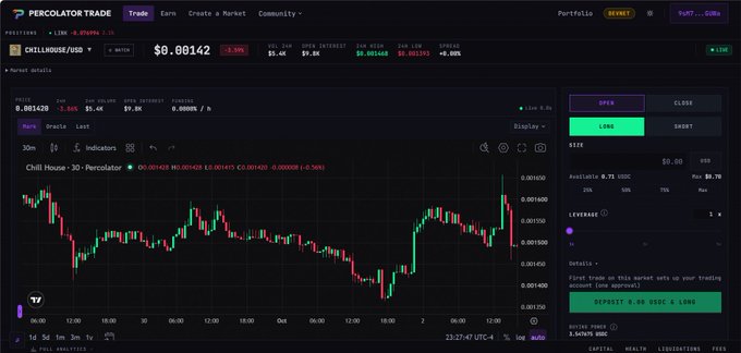A screenshot of the Percolator Trade platform displaying a candlestick chart for CHILLHOUSE/USD at $0.00142, with an open trade panel on the right showing "DEPOSIT 0.00 USDC & LONG" — illustrating the Devnet V2 interface that has been opened to remaining waitlist users for testing and feedback.