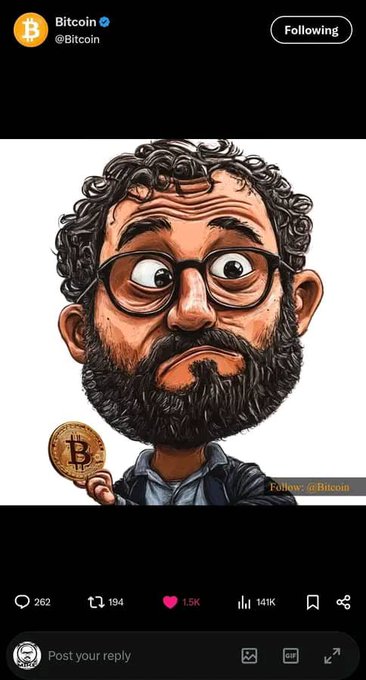 The image shows a Twitter/X post from the official @Bitcoin account featuring a caricature illustration of Marti Malmi (Sirius), the early Bitcoin co-developer, holding a Bitcoin coin, with the caption "Follower @Bitcoin" and engagement metrics showing 262 comments, 194 reposts, 1.5K likes, and 141K views. The caricature visually represents Malmi, who, as the post explains, was a co-developer of Bitcoin with Satoshi Nakamoto in 2009 and the first known public figure associated with the cryptocurrency.