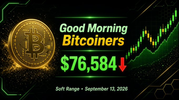A 'Good Morning Bitcoiners' graphic showing Bitcoin at $76,584 with a red down arrow, dated September 13, 2026, alongside a Bitcoin coin and a price chart.