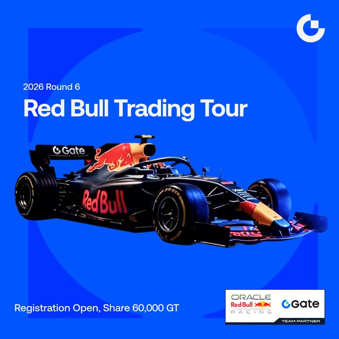 Promotional graphic for the 2026 Round 6 "Red Bull Trading Tour" featuring an Oracle Red Bull Racing F1 car, with text announcing "Registration Open, Share 60,000 GT" and Gate.io and Oracle Red Bull Racing logos displayed as team partners, aligning with the post's announcement of the trading competition's prize pool and F1 Grand Prix tickets for the champion.