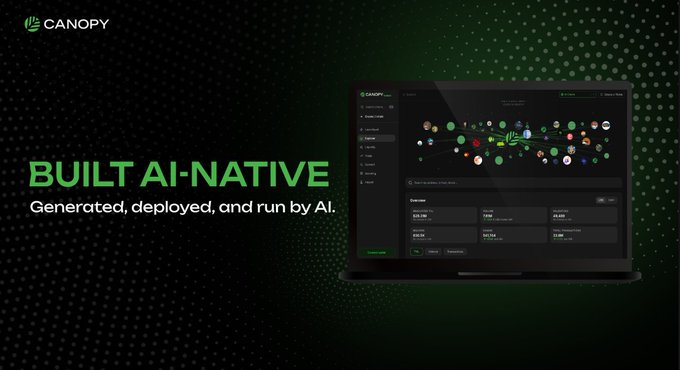 A promotional graphic for Canopy with the tagline 'BUILT AI-NATIVE - Generated, deployed, and run by AI' displayed alongside a laptop showing the platform's dashboard.