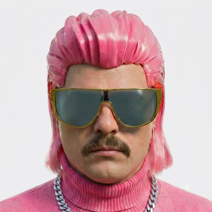 A close-up portrait of a man with a mullet hairstyle wearing a pink wig, large aviator sunglasses, a pink turtleneck sweater, and a silver chain necklace.