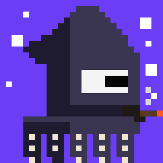 A pixel art image of a dark blue squid-like creature with a white eye, a cigar, and multiple tentacles against a purple background with small squares.