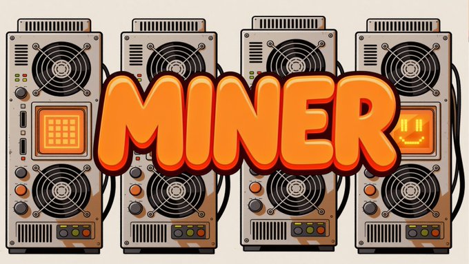 Four cartoon-style cryptocurrency mining rigs with cooling fans displayed behind the large orange text 'MINER'.