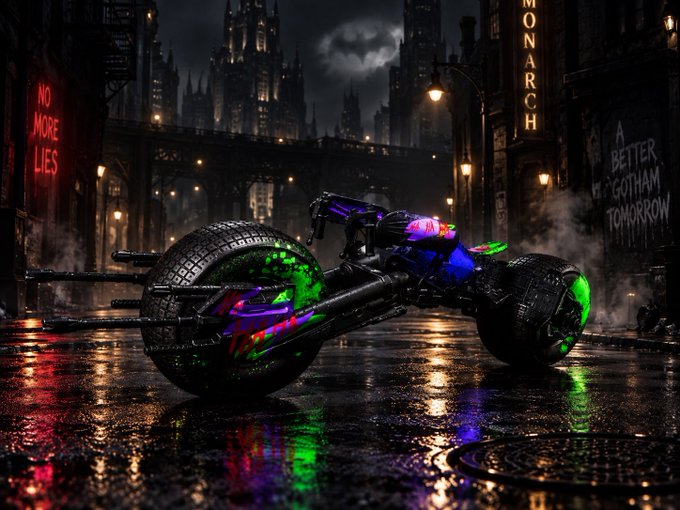 A digital artwork depicting a colorful neon green and purple Batpod (Batman motorcycle) parked on a wet Gotham City street, with signs reading 'NO MORE LIES' and 'A BETTER GOTHAM TOMORROW'.