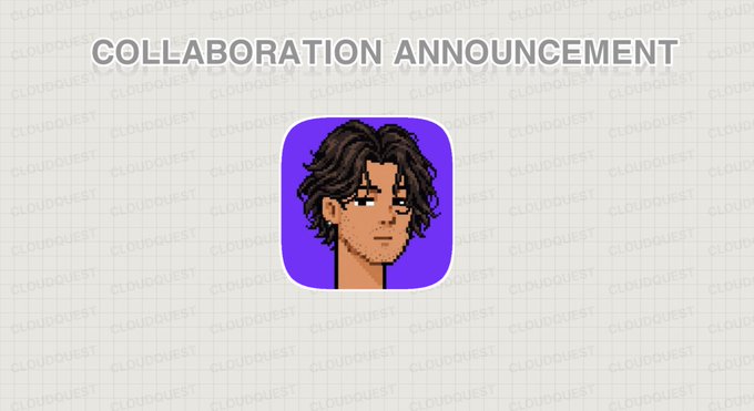 An announcement graphic with pixel art of a character on a purple icon background, titled 'COLLABORATION ANNOUNCEMENT' with 'CLOUDQUEST' watermarks throughout.