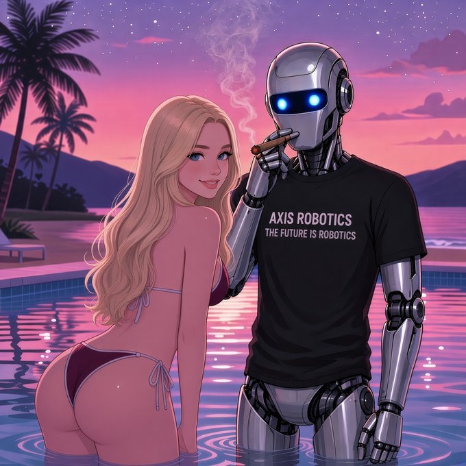 An anime-style illustration depicts a blonde woman in a bikini and a humanoid robot wearing a black 'AXIS ROBOTICS - THE FUTURE IS ROBOTICS' t-shirt standing together in a pool at sunset, with the robot smoking a cigar.
