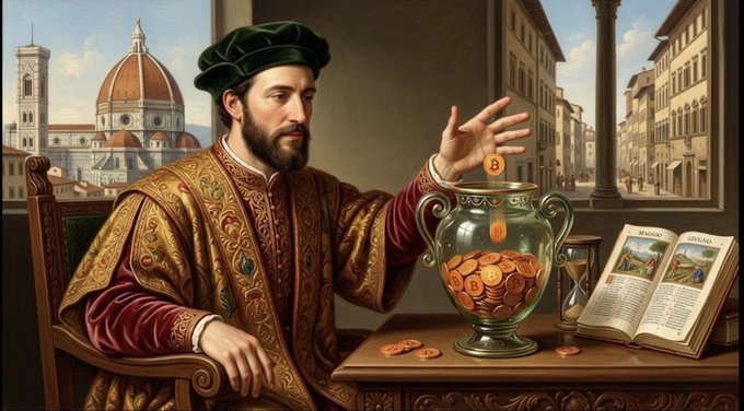 A Renaissance-style painting of a wealthy man in ornate clothing examining a large glass vase filled with gold coins, with the Duomo of Florence visible in the background.