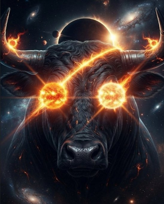 A dramatic digital artwork of a bull's head with glowing fiery eyes set against a cosmic background of planets and galaxies.