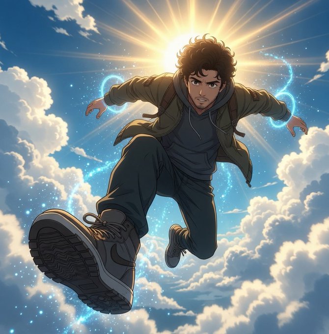 The image features a man wearing sneakers, flying through the air with his arms outstretched as he looks down at the clouds below him. The sky behind him is filled with bright sunlight, creating a stunning visual effect that highlights the man's position in the scene. The caption above the image reads "Two things make @dropee_app interesting right now: Distribution + Team. Telegram taking over TON changes the game". This suggests that there might be some sort of collaboration or partnership between the man and a particular team, possibly related to gaming or technology.