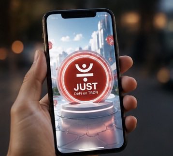 A hand holds a smartphone displaying the 'JUST DeFi on TRON' logo, representing the Just Network DeFi platform.