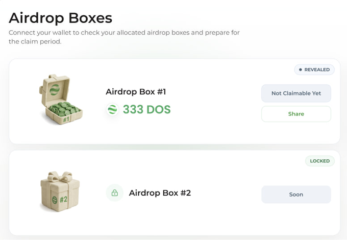 The image shows an "Airdrop Boxes" dashboard displaying two allocation boxes from DappOS: Airdrop Box #1, which has been revealed and contains 333 DOS tokens (not yet claimable), and Airdrop Box #2, which remains locked. This illustrates the user's allocated airdrop rewards for connecting their wallet to claim DappOS tokens.