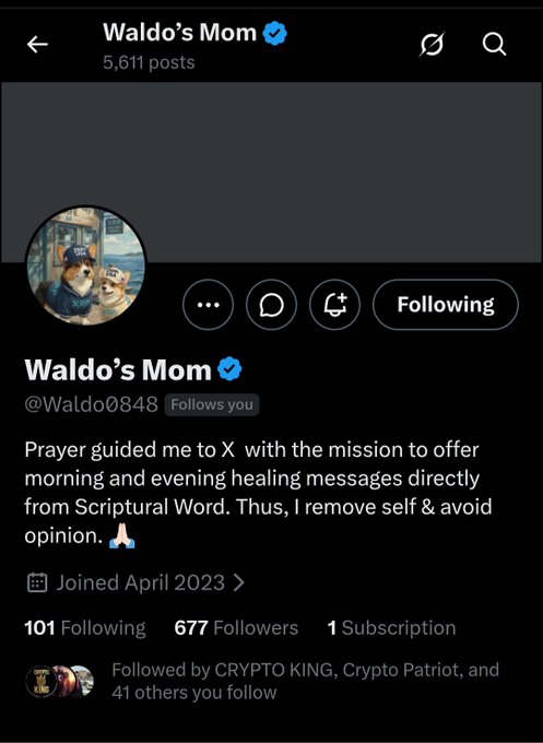 A screenshot of the X (Twitter) profile for "Waldo's Mom" (@Waldo0848), a verified account with 5,611 posts, 677 followers, and 101 following, joined April 2023. The bio states: "Prayer guided me to X with the mission to offer morning and evening healing messages directly from Scriptural Word. Thus, I remove self & avoid opinion." The image corresponds to the shoutout post requesting followers to support this XRP HODL account.