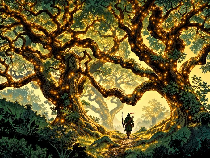 A fantasy digital illustration of a lone adventurer walking a path through a glowing, magical forest beneath massive ancient trees adorned with golden lights.